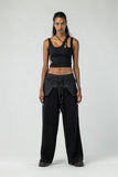Women's Wide Leg Denim Pants with Leather Details
