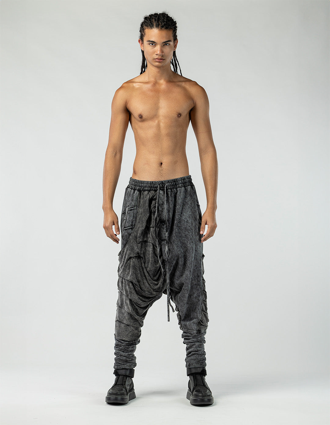 Men's Low Crotch Pants with Gathered Details