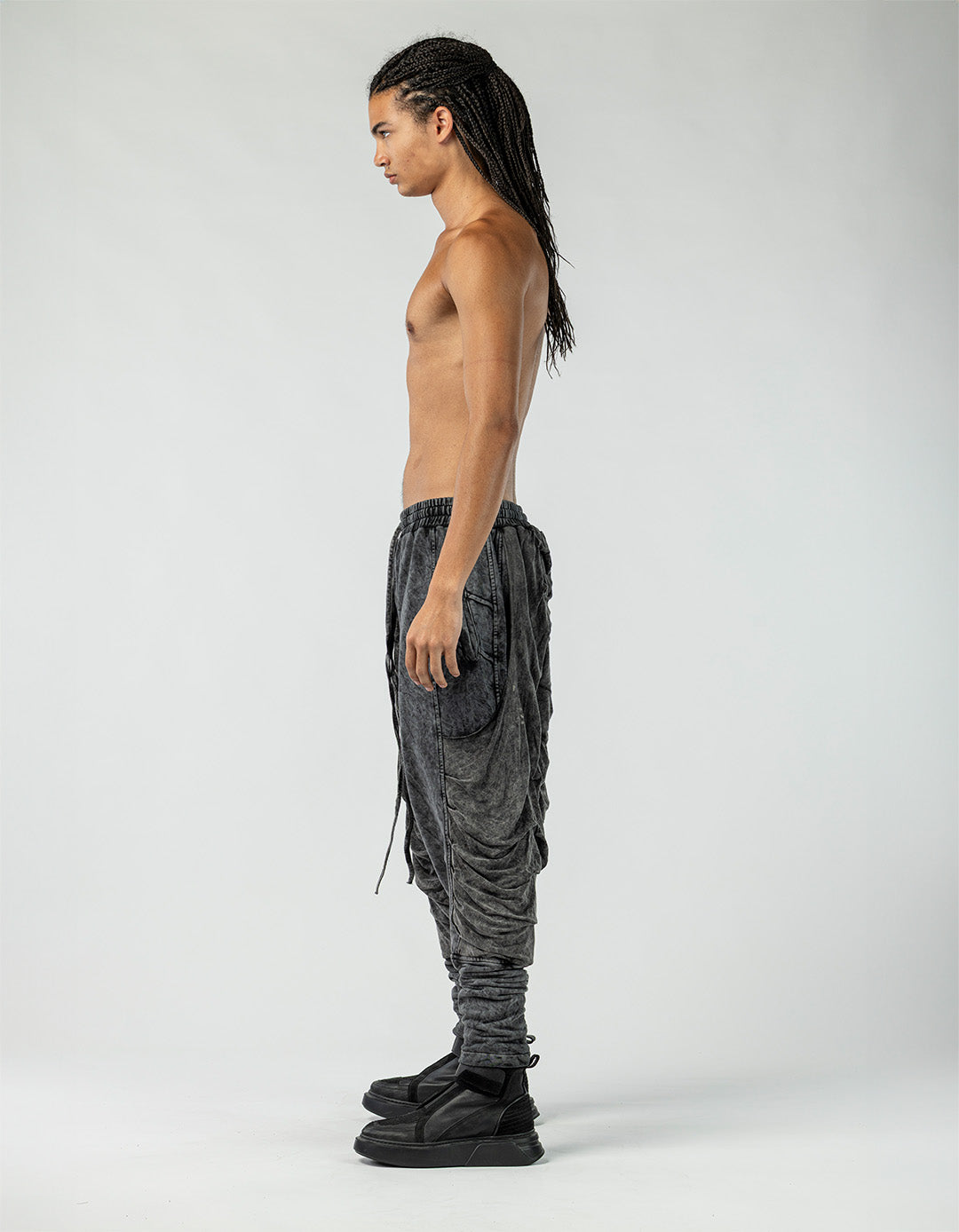 Men's Low Crotch Pants with Gathered Details