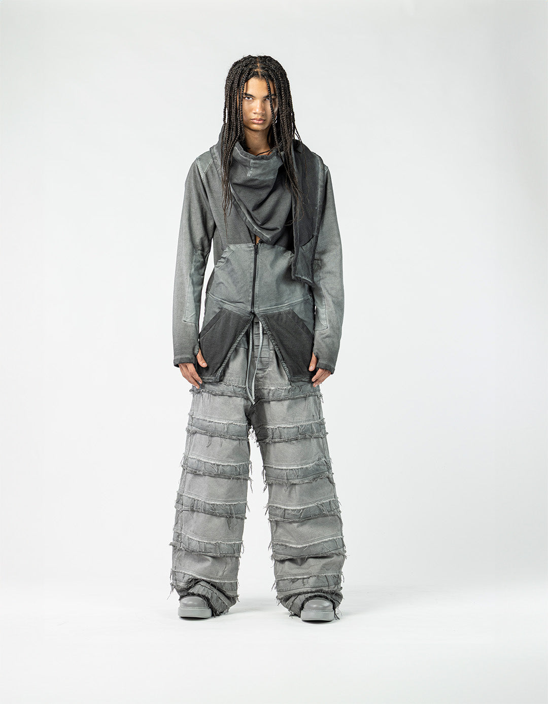 Men's Paneled Cardigan with Attached Scarf